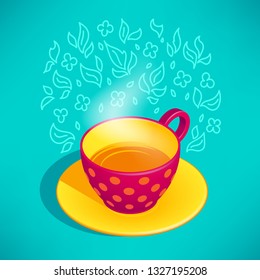 Colorful isometric vector illustration of a red cup of tea on minty green background with pattern of tea leafs. Mug with polka dot pattern in retro style for tea and coffee related designs
