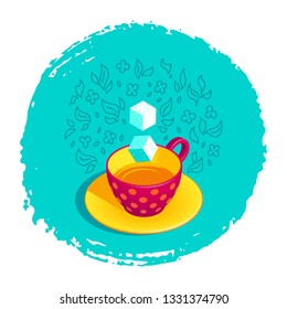 Colorful isometric vector illustration of a red cup with tea and sugar cubes on minty green background with tea leaves pattern. Mug with polka dot pattern for tea and coffee related designs