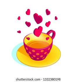 Colorful isometric vector illustration of red cup of tea with hearts floating above. Mug with polka dot pattern and minty green shadow in retro style for tea and coffee related designs - menu, banner