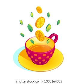 Colorful isometric vector illustration of a red cup of tea with tea leafs and lemons floating above. Mug with polka dot pattern and minty green shadow in retro style for tea and breakfast designs