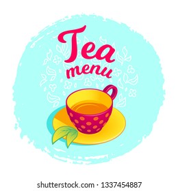 Colorful isometric vector illustration of a red cup of tea and text Tea menu on minty green background. Mug with polka dot pattern for tea and breakfast related menu designs for cafe and party