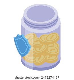 Colorful isometric vector illustration of a sweet cookie jar with airtight lid and shield label design, perfect for snack and dessert graphic designs