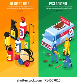 Colorful isometric vertical banners set with pest control service workers and their equipment isolated vector illustration