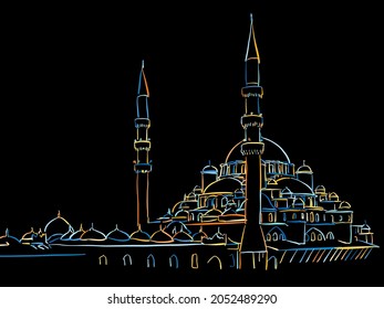 Colorful Istanbul Mosque Drawing on black. Well crafted vector sketch für private and commercial use.
