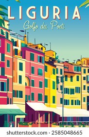 Colorful Italian Buildings - Gulf of Poets, Liguria vector illustration