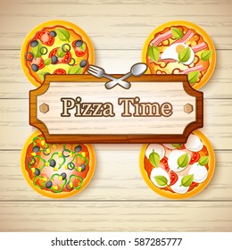 Colorful italian food concept with different kinds of tasty pizza on wooden background vector illustration