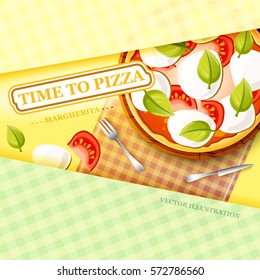 Colorful italian food template with traditional pizza margherita and different ingredients on light tablecloth vector illustration