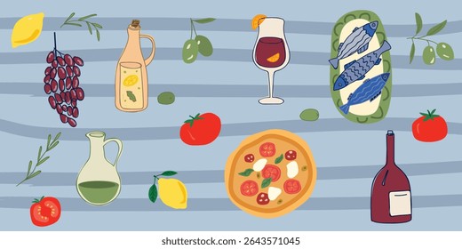 Colorful Italian ingredients arranged on striped tablecloth, flat design