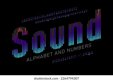 Colorful italic sound wave style font design, alphabet letters, signs, symbols and numbers. Vector illustration