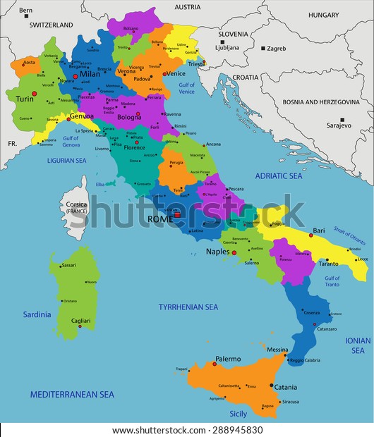 Political Map Of Italy With Cities Colorful Italy Political Map Clearly Labeled Stock Vector (Royalty Free)  288945830 | Shutterstock