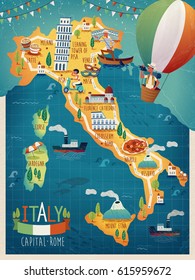 colorful Italy travel map with attraction symbols, Italian words for Venice, Mount Vesuvius, Milan, Naples, sardinia, Rome and French words for Corsica all over the picture