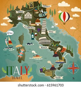colorful Italy travel map with attraction symbols, compass sign, and Italian words for hello on the left side