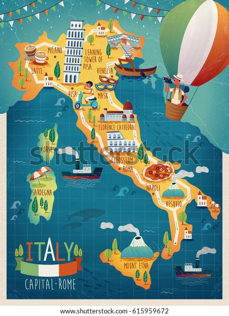 イタリアの魅力的な旅行地図 ベネチア ヴェスビウス山 ミラノ ナポリ サルディニア ローマ コルシカのフランス語のイタリア 語の言葉が全ての写真に描かれた のベクター画像素材 ロイヤリティフリー