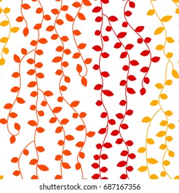 Colorful ivy vine autumn leaves, red orange, yellow on white. seamless pattern, vector