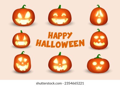 Colorful jack-o-lanterns extravaganza vector illustration. Spooky carved pumpkins with different faces and shapes, happy Halloween design for greeting card. Halloween, holiday, autumn concept