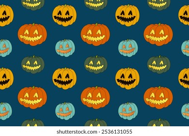 Jack-o-lanternas coloridas em um padrão de Halloween sem costura. Perfeito para decoração festiva, convites para festas e desenhos assustadores.