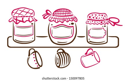 Colorful jam jars on a shelf with colorful mugs.