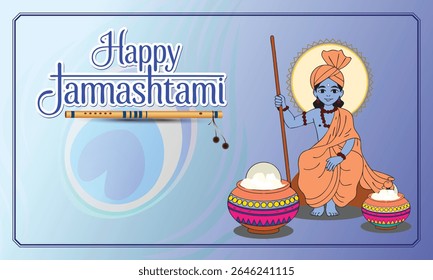 Cartão de saudação colorido Janmashtami com Lord Krishna quando criança, panelas de manteiga e flauta, simbolizando alegria e devoção na tradição hindu.