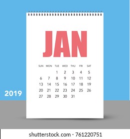 Colorful January 2019 calendar. Week starts from Sunday.