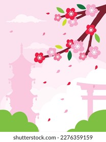 Colorful Japan background. Cherry blossom branch with famous Japan landmarks in the background. Flat design vector illustration. 