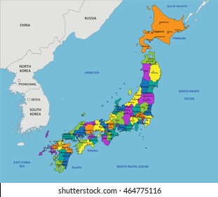 Colorful Japan political map with clearly labeled, separated layers. Vector illustration.