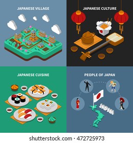 Colorful japan touristic isometric 2x2 icons set with japanese national cuisine culture people and village isolated vector illustration