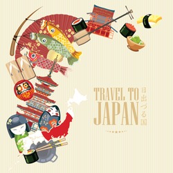 Colorful Japan Travel Poster - Travel To Japan. There Is Text In Japanese  - Japan And  Land Of The Rising Sun. Vector Illustration With Travel Place And Landmark.