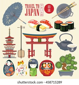 Colorful Japan travel poster - travel to Japan. There is text in Japanese  - Japan and  Land of the rising sun. Vector illustration with travel place and landmark.