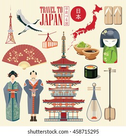Colorful Japan travel poster - travel to Japan. There is text in Japanese  - Japan and  Land of the rising sun. Vector illustration with travel place and landmark.