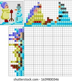 Colorful japanese crossword. Paint by number puzzle. Education game for children. Girl and snowman 