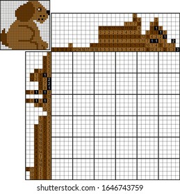 Colorful japanese crossword. Paint by number puzzle. Education game for children. Puppy