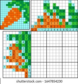 Colorful japanese crossword. Paint by number puzzle. Education game for children. Carrot