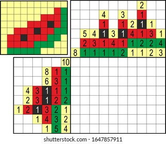 Colorful japanese crossword. Paint by number puzzle. Education game for children. Watermelon