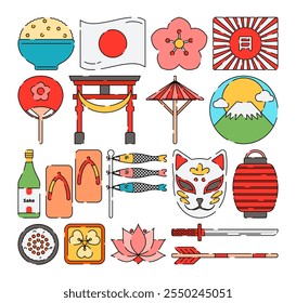 Colorful Japanese culture icons including sushi, sakura, Mount Fuji, Torii gate, lantern, koi fish, katana, and traditional items. Perfect for cultural designs and illustrations.