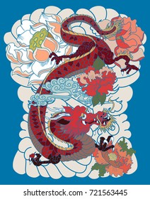 colorful Japanese dragon with flower for tattoo style.Traditional Japanese culture for printing and coloring book on background.