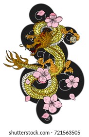 colorful Japanese dragon with flower for tattoo style.Traditional Japanese culture for printing and coloring book on background.