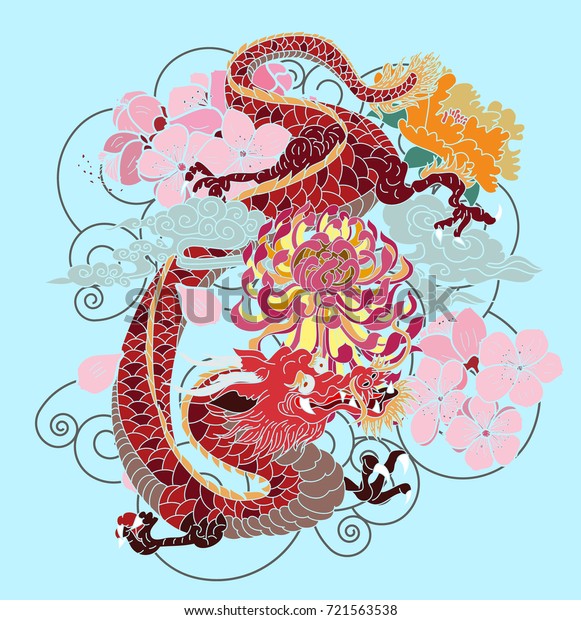 instagram. vimeo. youTube. twitter. linkedin. colorful Japanese dragon with ...