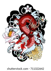 Colorful Japanese Dragon and koi fish with flower tattoo for Arm,Japanese carp line drawing coloring book vector image.Dragon and koi fish fighting and water splash.doodle art and zentangle style