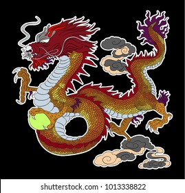 colorful Japanese Dragon tattoo design.Cartoon and Line art Dragon on black background.Blue Dragon vector.Traditional dragon tattoo.