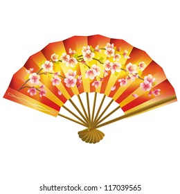 Colorful Japanese fan with sakura blossom pattern isolated on white background. Vector illustration