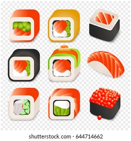 Colorful japanese food cartoon style design icons set with different sushi and rolls on transparent background isolated vector illustration