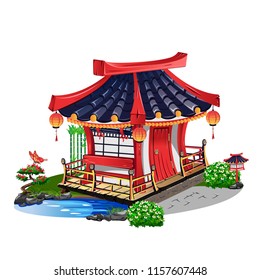 Colorful Japanese house isolated on white background. Vector illustration.