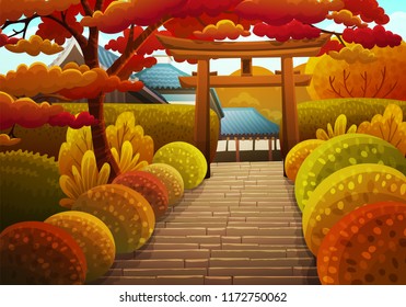 Colorful japanese landscape of stone stairs heading to a shrine through a wooden torii. Garden with bushes and maple tree. Autumn season. Vector illustration.
