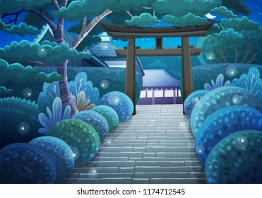 Colorful japanese landscape of stone stairs heading to a shrine through a wooden torii at night. Garden with bushes,trees and fireflies. Vector illustration.