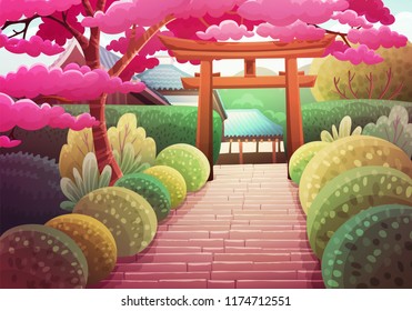 Colorful Japanese Landscape Of Stone Stairs Heading To A Shrine Through A Wooden Torii. Garden With Bushes And Sakura Tree. Spring Season. Vector Illustration.