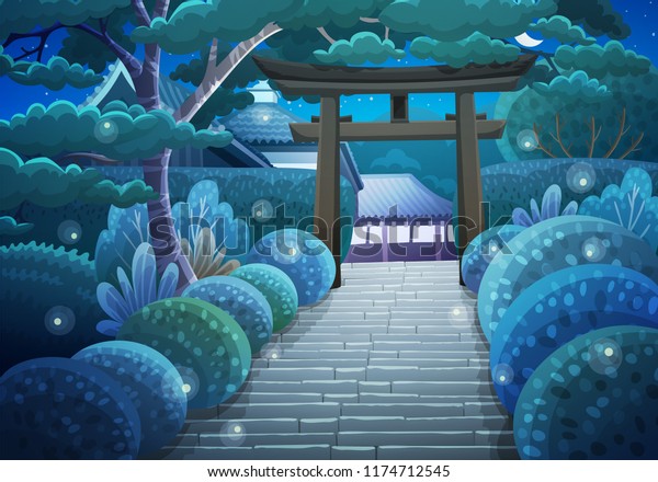 夜 木造の鳥居を通って神社に向かう石段のカラフルな日本の風景 しげや木やホタルの庭 ベクターイラスト のベクター画像素材 ロイヤリティフリー
