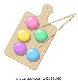 Colorful japanese mochi cake set with chopsticks on wood textured cutting board in flat design style isolated on white. Vector illustration