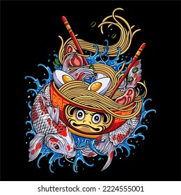 Colorful Japanese ramen with daruma bowl with circular koi fish on water background for t shirt design