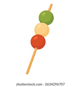 Colorful Japanese sweet rice dumplings on stick, traditional cartoon vector street food.