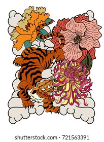 colorful Japanese tiger with flower vector illustration for tattoo style.Traditional Japanese culture for printing and coloring book on background. 